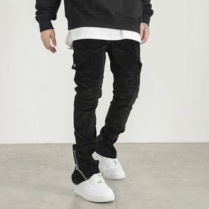 BLACK ZIP FLARE LEG CARGO CORDUROY PANTS
